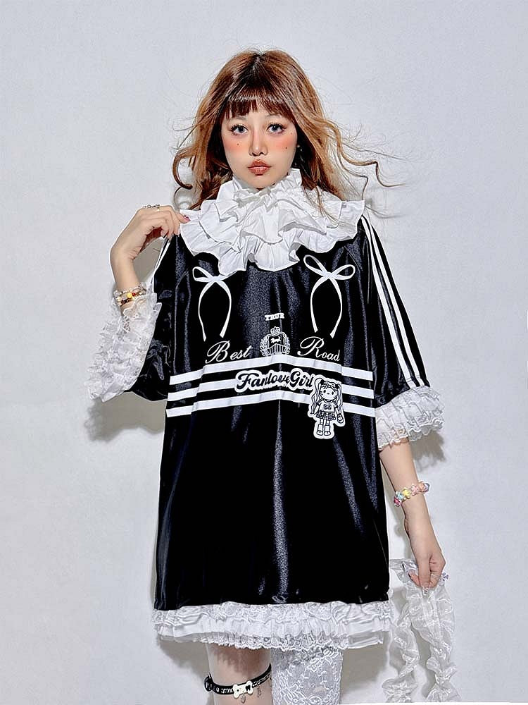 Top Bowknots Tiered Sleeve with and Collar Short Jersey-Style Black Detachable