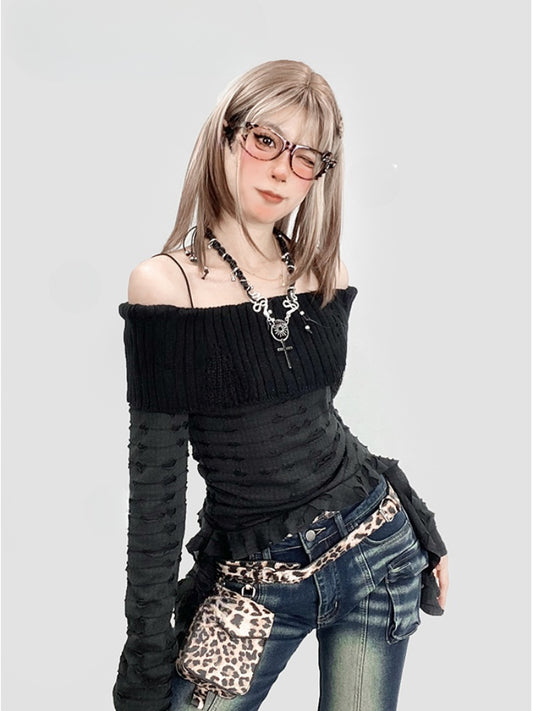 Schwarzes Top mit schulterfreiem Ausschnitt und asymmetrischem Rüschensaum