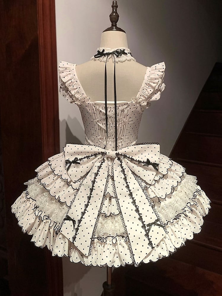 Sweet Lolita Polka Dot Dress with Versatile OP/JSK Design and Tiered Hem White