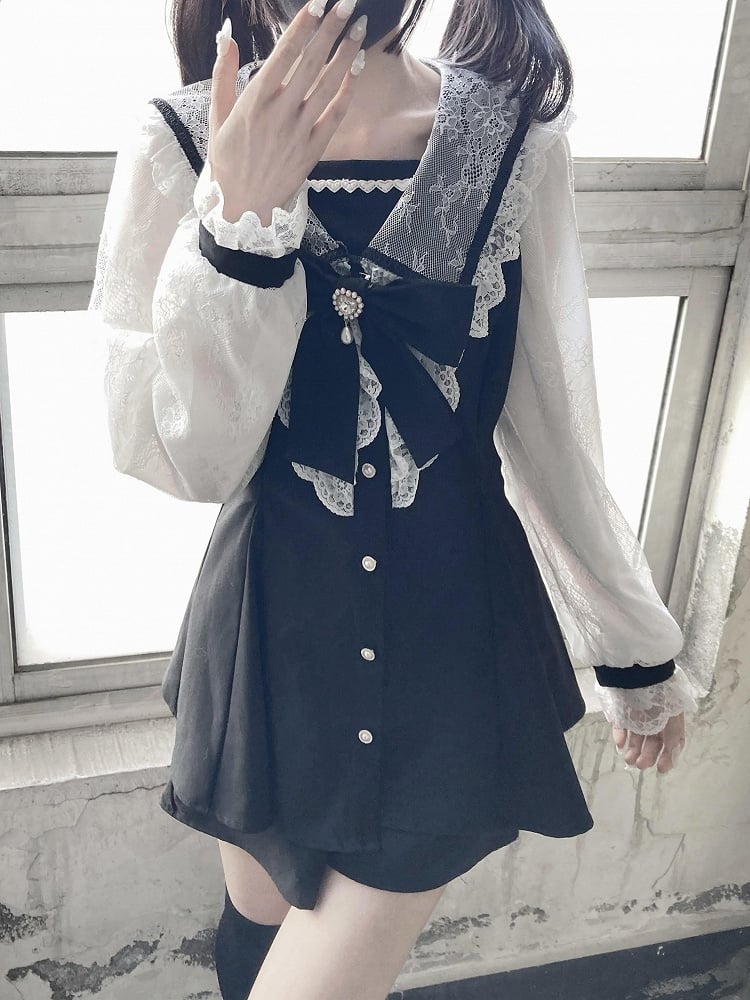 Mini Full Lace Set: Mesh Dress with Long Collar Jirai Black Sailor Sleeves Kei