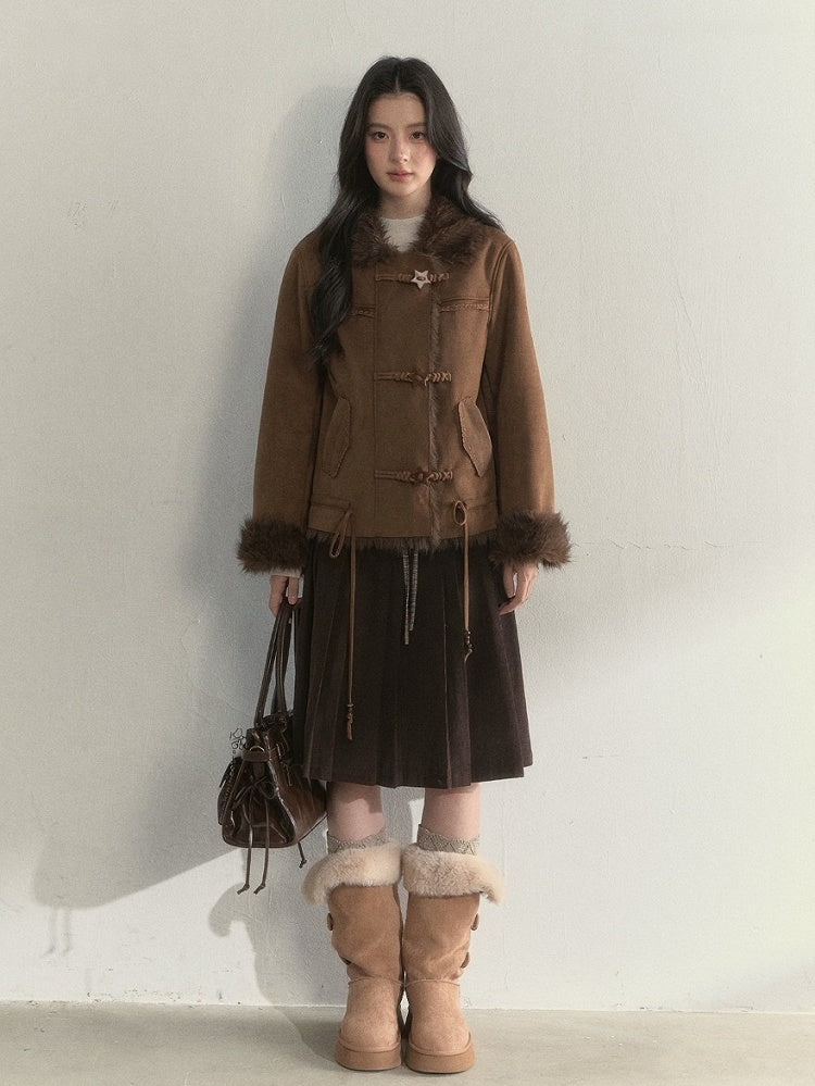 Pleated Waistband Brown Double Vintage Chestnut Skirt with