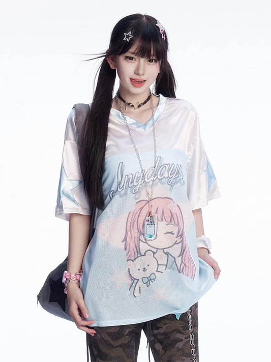 T-shirt Blue and White Colorblock Design V-Neck Cartoon Girl Print Loose