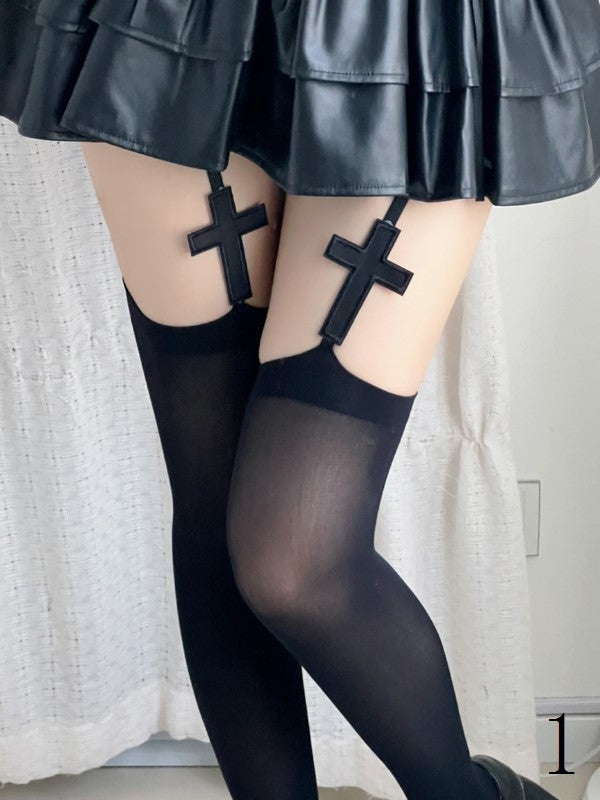 Gothic-Strumpfhose mit Kreuz-Design, schwarz/weiß