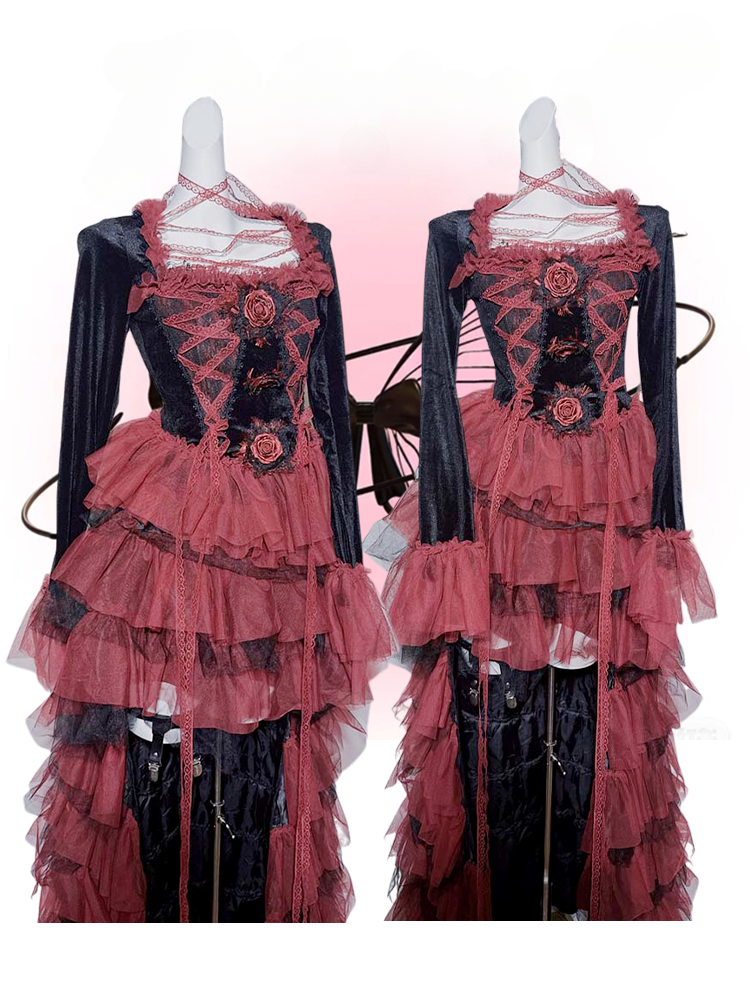 GothicBlack and Red Lace Square Neck Rosette Top
