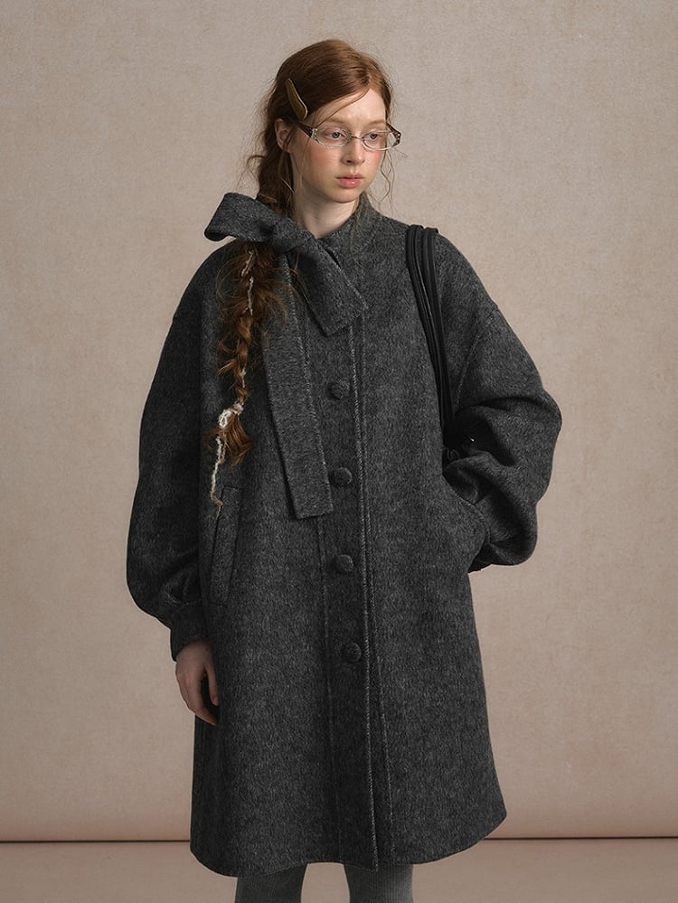 Gray Beige/Dark Vintage-Inspired Long Wool Coat with Front Button Placket and Bow Tie Collar
