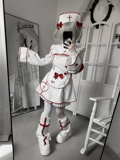 Cap Bow Nurse White Embroidery and Cross Decoration Red for Halloween with