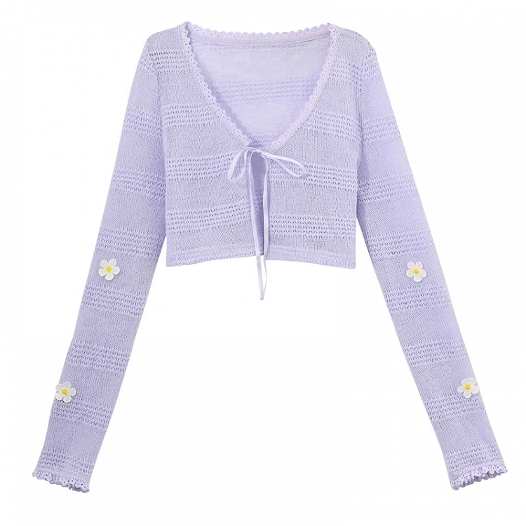 Lavendelfarbene Sommer-Strickjacke mit V-Ausschnitt und Blumenmuster