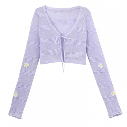 Lavendelfarbene Sommer-Strickjacke mit V-Ausschnitt und Blumenmuster