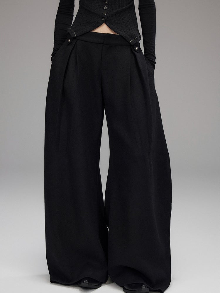 Wide Leg Black Loose Pants with Slant Front Pockets - Low pixel