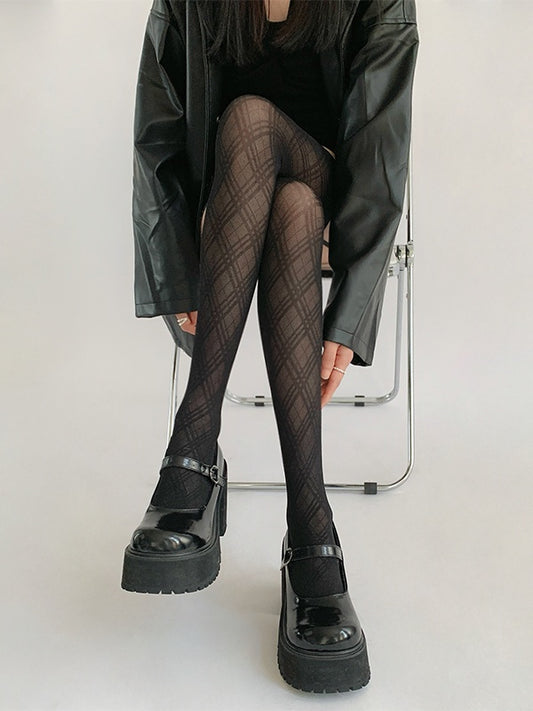 Tights Stripe Suspender Black Diamond Pattern