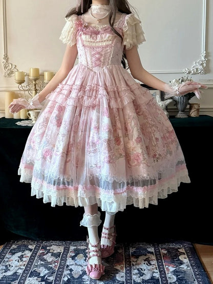 Pink Deer & Floral Print Flutter Sleeves Sweet Lolita JSK Dress with Overlay - Honey Machine