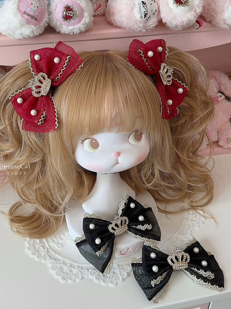 Beaded Bowknot Rhinestone Crown Red Black/Wine Decorated And Hairclip