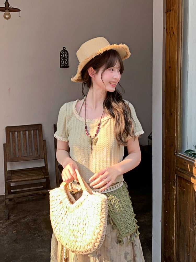 Light Green Mori Neck Lace Kei Round Neck Trim T-Shirt Halter