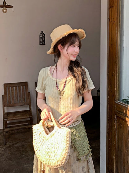 Light Green Mori Neck Lace Kei Round Neck Trim T-Shirt Halter