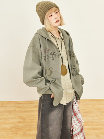 Dusty Hoodie - Two-way Kawaii Zip Placket Letter Hood Drawstring Print Green