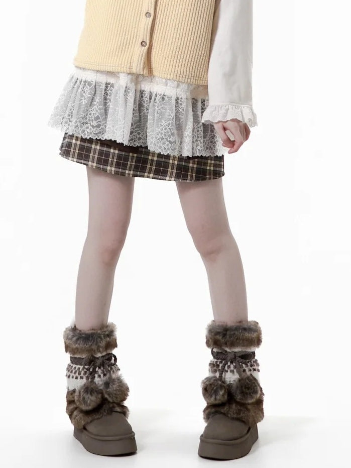 Design Plaid Pattern Patchwork with Details Skirt Brown