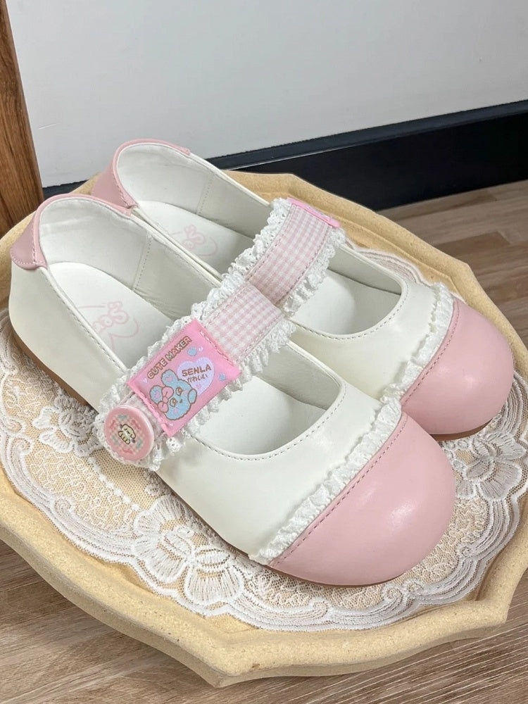 Strap Closures Plaid Lolita Flats White Toe Lace - Pink Trim Sweet Round Velcro