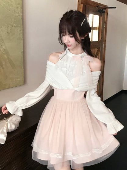 Seiso-kei Halter Off Shoulder Long Sleeve Mesh Dress in Pink and White with Ruffles and Bow Tie - LA LA JK