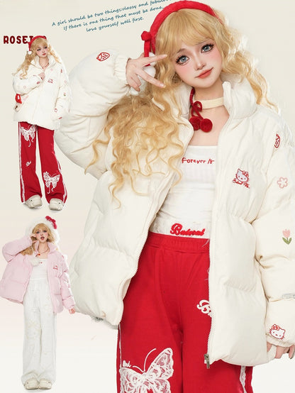 ホワイト/ピンクのキティ刺繍ハイネックパファージャケット