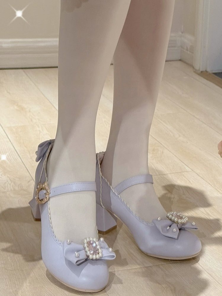 ジェーンズ ボウノット ロリータ ディテール ビーズ装飾 メアリー ラインストーン トゥ ラウンド シューズ パープル