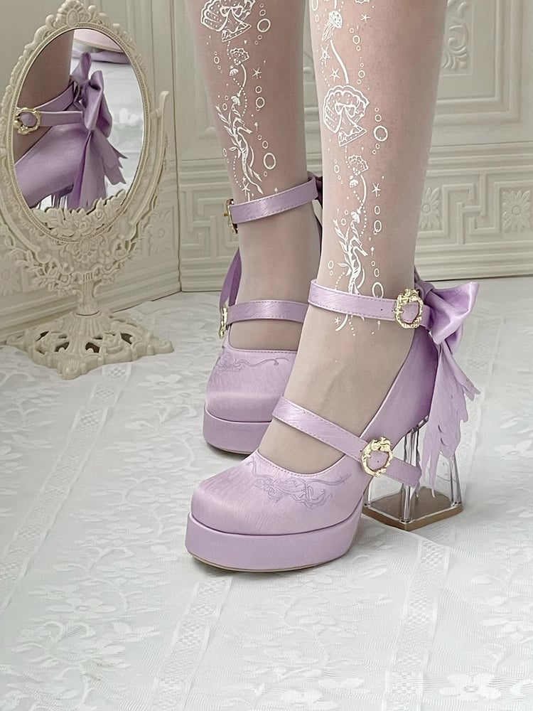 Light Purple Koi Fish Charm High Block Heel Satin Platform Mary Janes with Detachable Bowknot - Floating Dream Realm