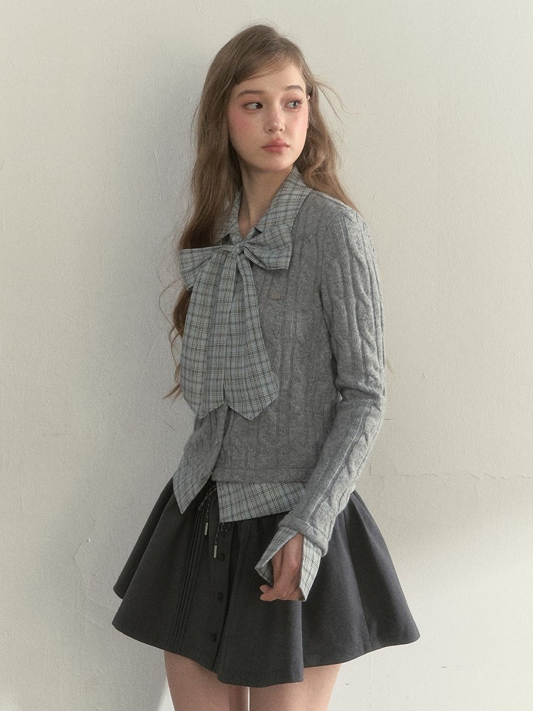 Sweater Two-piece Faux Elegant Vintage Gray Plaid