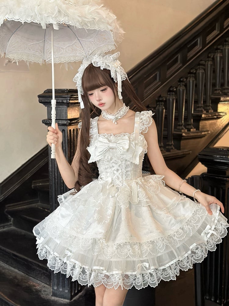 Bow Ruffled Details Lace Embossed Lolita Sweet with Only JSK Jacquard Dress / Princess + White Train