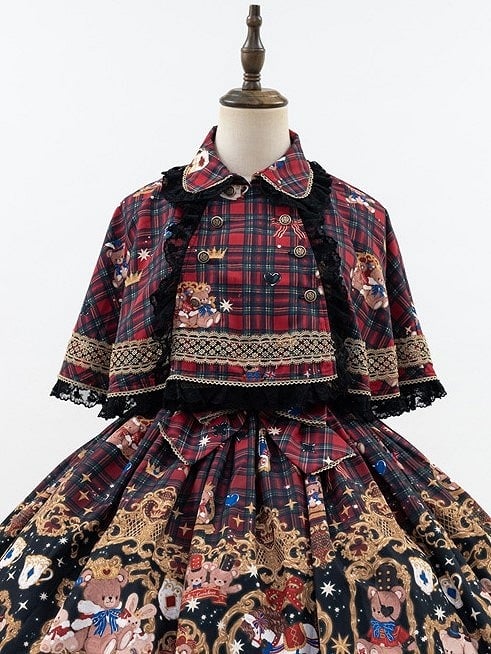 Plaid Trim Lace Lolita with Red Cape Black