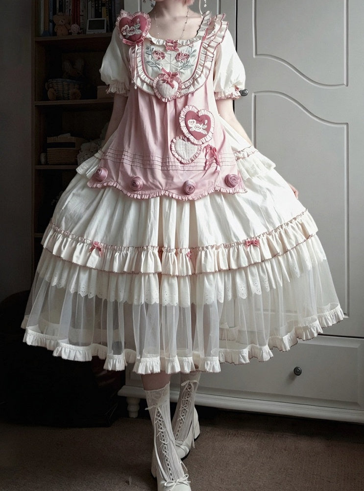 Cream Layered Ruffle High Waist Sweet Lolita Dress with Tulle Hem - Bodhi Original Design