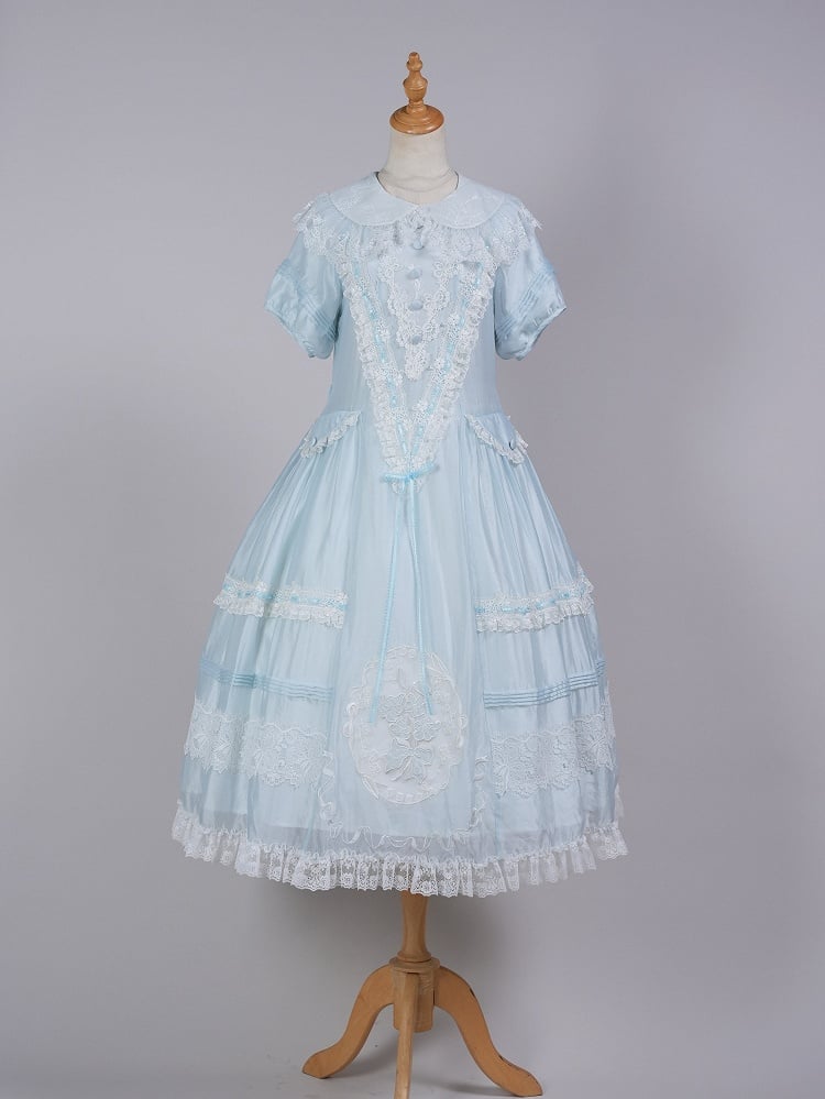 Blue Peter Pan Collar Lolita Long Dress with Lace and Embroidery