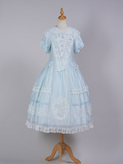 Blue Peter Pan Collar Lolita Long Dress with Lace and Embroidery
