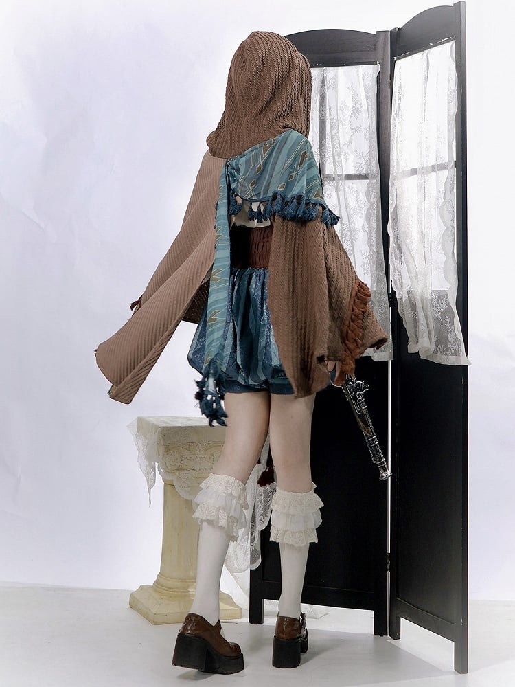 Brown & Blue Wasteland Style Asymmetrical Lolita Cape + Lace-Up Top + Striped Overall Shorts Set - Xiong Dou Jiang