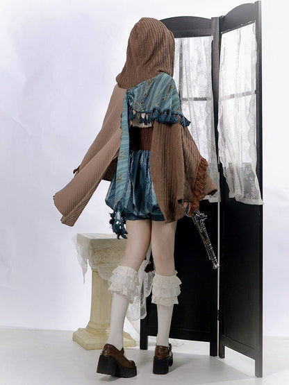 Brown & Blue Wasteland Style Asymmetrical Lolita Cape + Lace-Up Top + Striped Overall Shorts Set - Xiong Dou Jiang