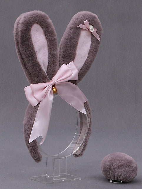Bell Bow + Tail Gray KC Plush Bunny Set Pink and Ear Decorated Lolita
