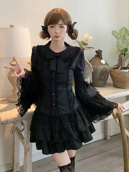 Gothic Lolita Black Bow Blouse with Flared Sleeves and Lace - Lan Jian Chuan