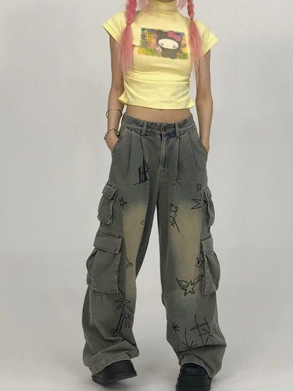 Y2K Graffiti Low for Denim Women Jeans Waist