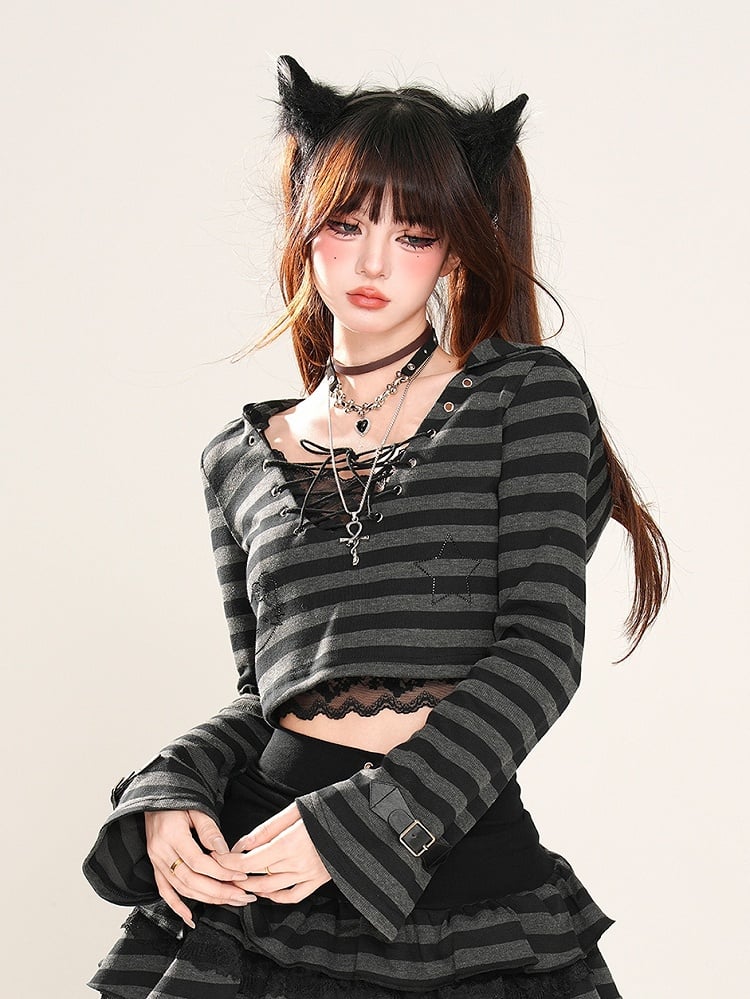 Top mit schwarzen Streifen Schnallenträger Ärmel Glamouröse Kapuze Kurz Detail Schnürung