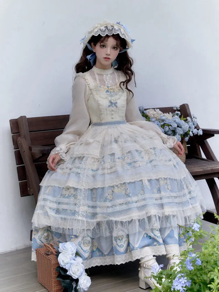 Classic Jumper Blue Skirt Floral Dress Basket and Flower Tiered Daisy Print Lolita