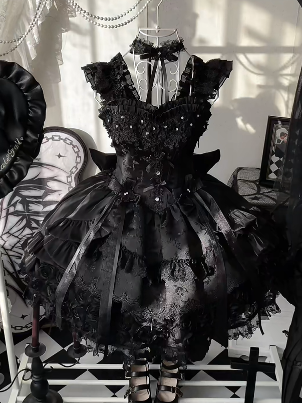 Jacquard Waist Blooming Lolita Basque Flower Accents Lace Hime Black Layered Fluffy Dress with