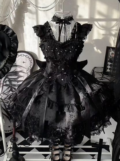 Jacquard Waist Blooming Lolita Basque Flower Accents Lace Hime Black Layered Fluffy Dress with