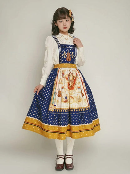 Dark Blue Musical Print Overall Dress with Detachable Straps - Crucis Universal Tailor Company