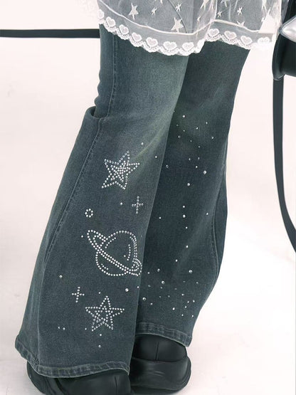with Motifs Plus Jeans Star Rhinestone Size Blue Y2K Flared Planet