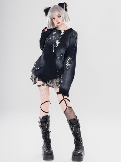 Y2K Black Butterfly Shaped Distressed Holes Round Neck Sweater