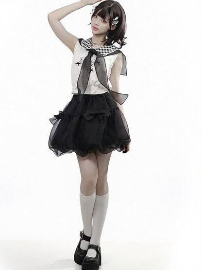 White Gingham Peter Pan Collar Tank with Cartoon Print - PINK SAVIOR