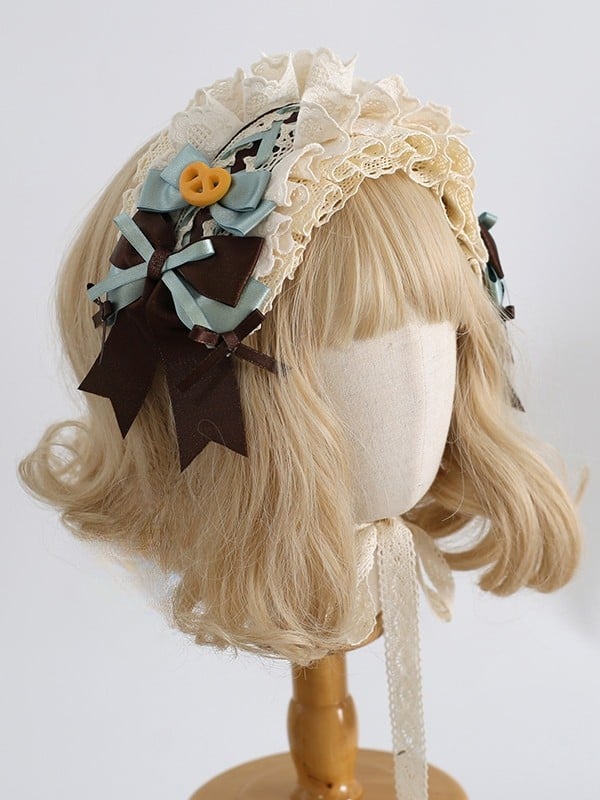 Lolita Haarband verziert Cookie Sweet BlueBrown Rüschendetails Bowknot