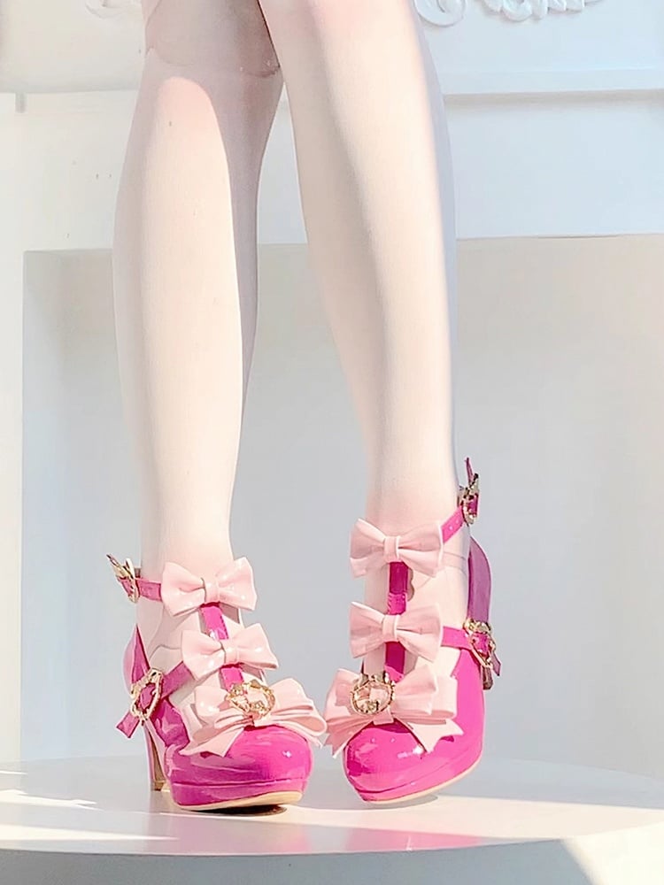 High with Lolita T-strap Red Hime Snap Heels Heart Design Rose