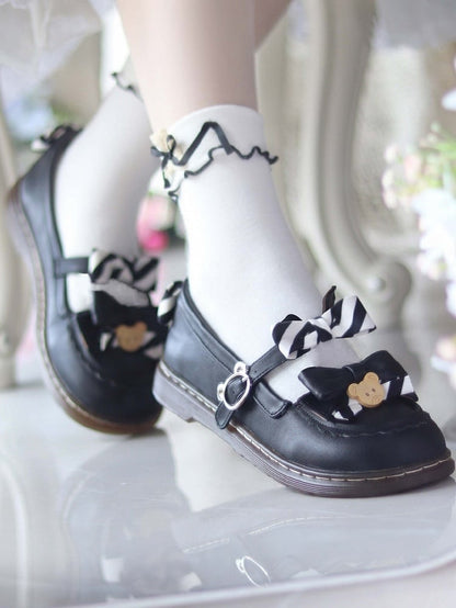 - with Flats Striped 2cm Black Leather Sweet Details PU Decor Bear and Bow Heel