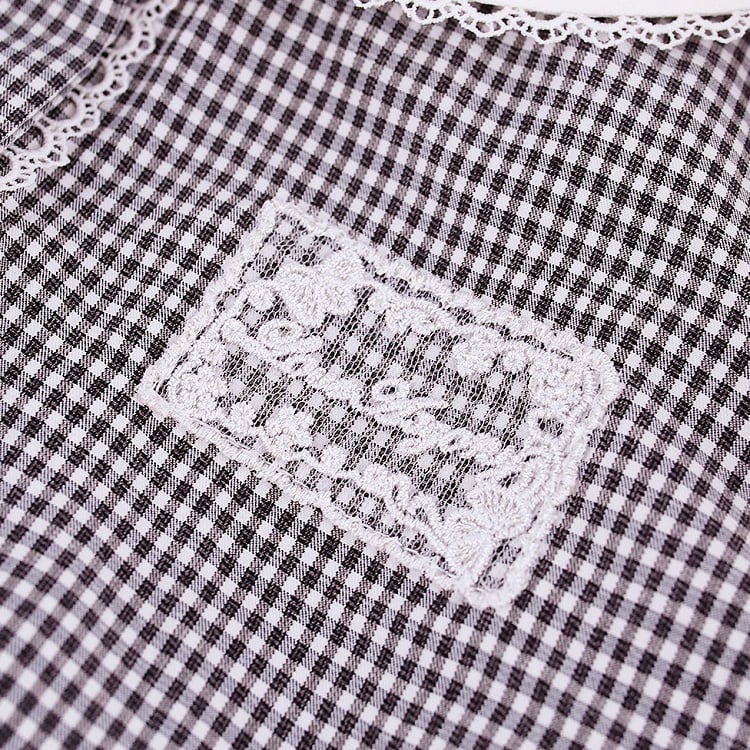 Black & White Gingham Peter Pan Collar Puff-Sleeve Blouse - serendipity