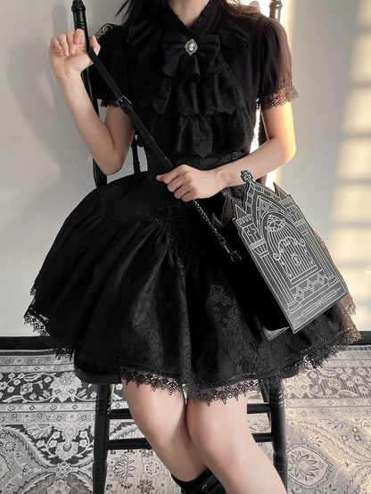 Ruffle Shirt Sleeves Neckline Gothic Kuro Lolita Black Short