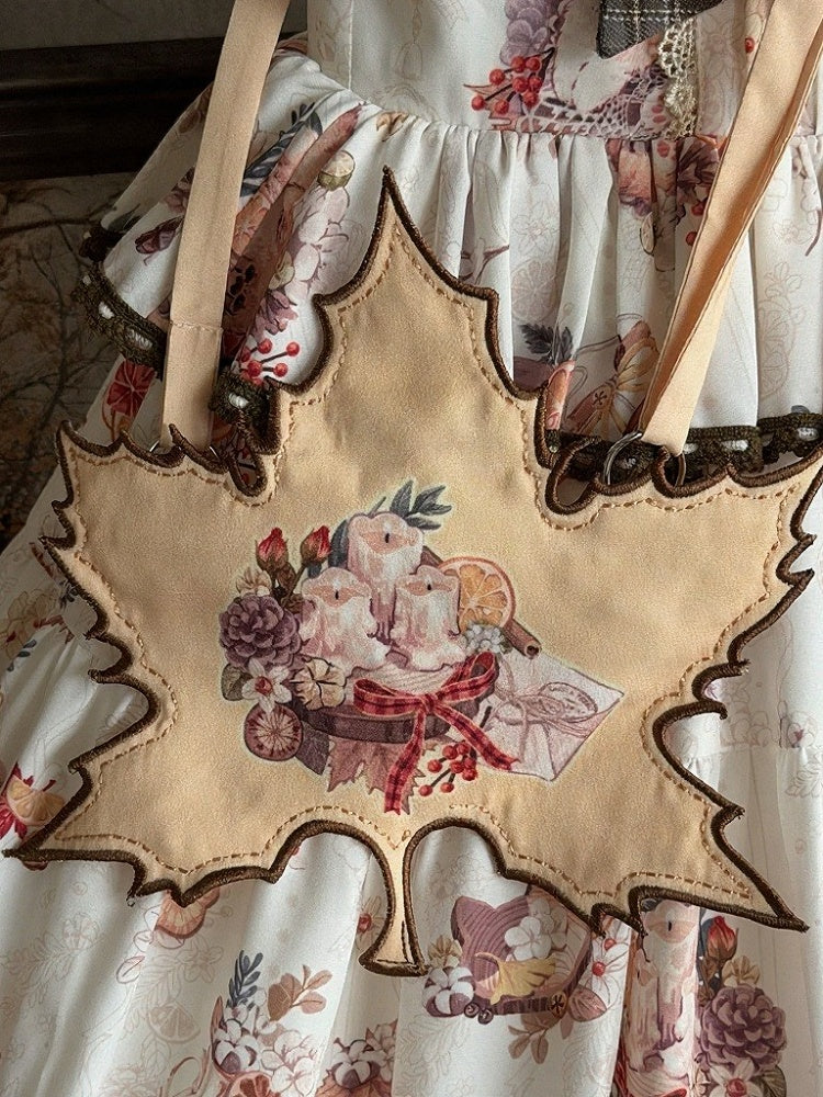 Maple Leaf Crossbody Bag with Floral Embroidery - Lineall Cat